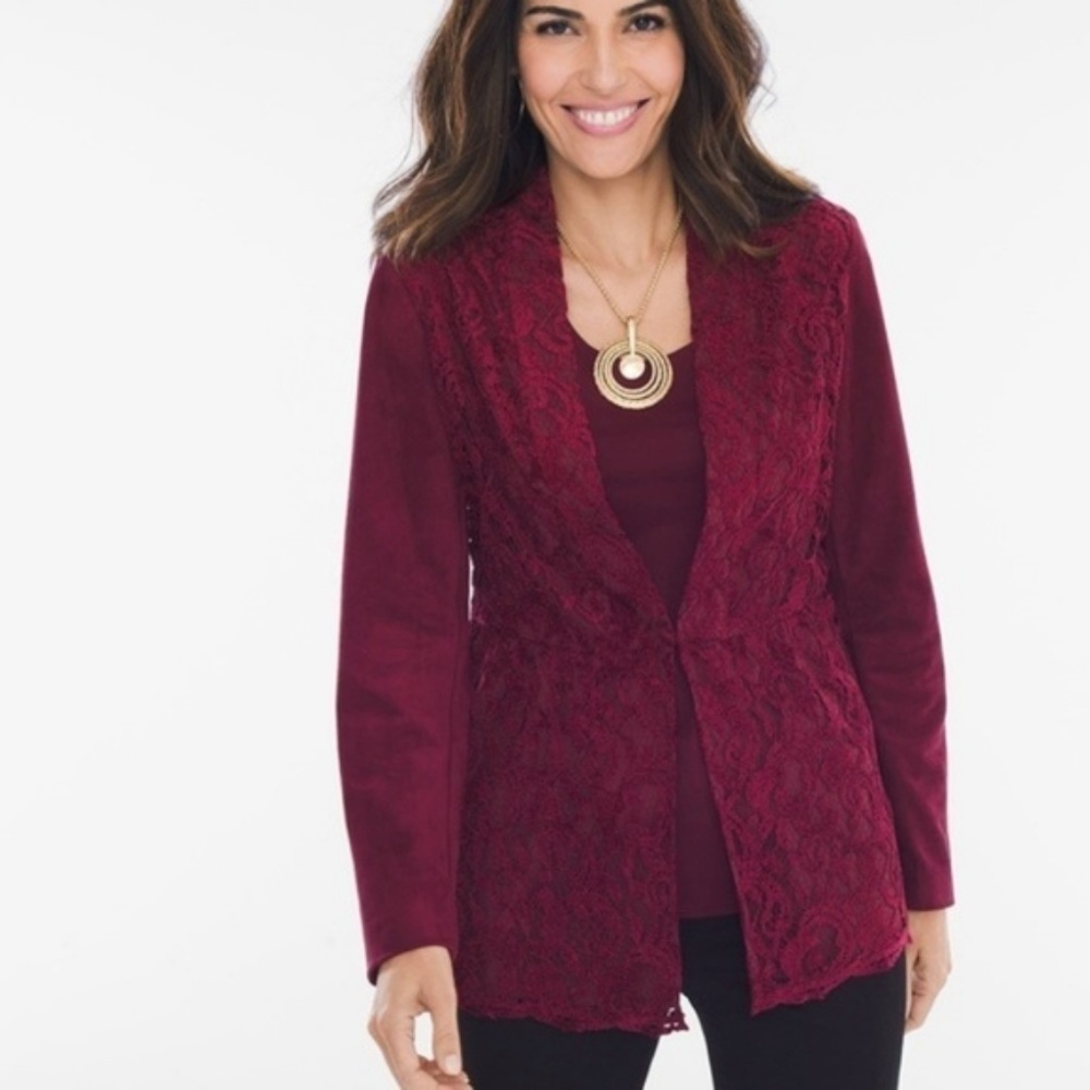 NWT Chico's Lace Faux Suede Maroon Pleated Western Lined Hook Closure Wine Small